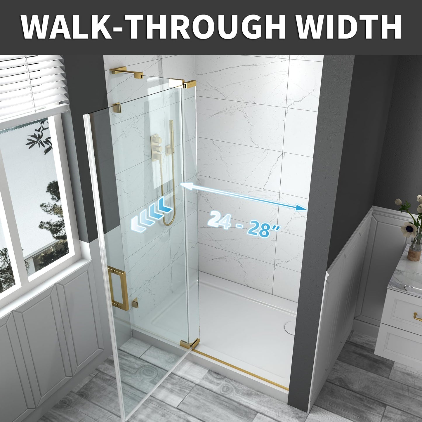 ComfyStyle 44-48" W x 70" H Frameless Pivot Shower Door, 5/16"(8mm) Clear SGCC Tempered Glass Shower Doors, Brushed Gold Hinged Shower Glass Door, Reversible Installation