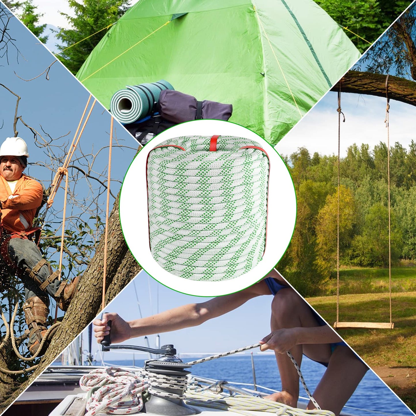VEITHI 3/8 inch x 164 ft Braid Polyester Rope,Arborist Rigging Rope 3520lbs Breaking Strength Strong Pulling for Climbing,Camping,Sailing,Swings, etc. (White-Green)