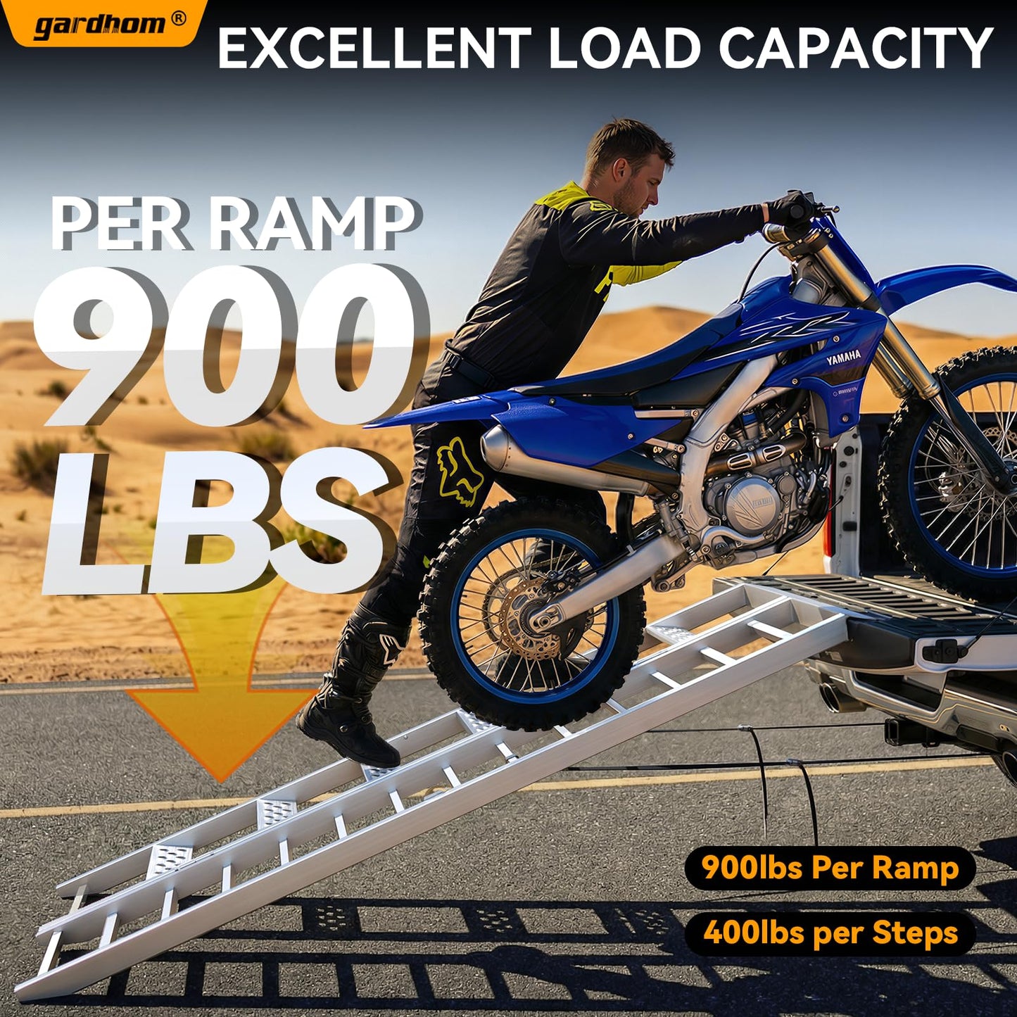 gardhom Aluminium Motorcycle Ramp with Steps, 900 LBS Capacity Folding Dirt Bike Ramp for Pickup Trucks, Portable Loading Ramps for Motorcycle, Dirtbike, Bike