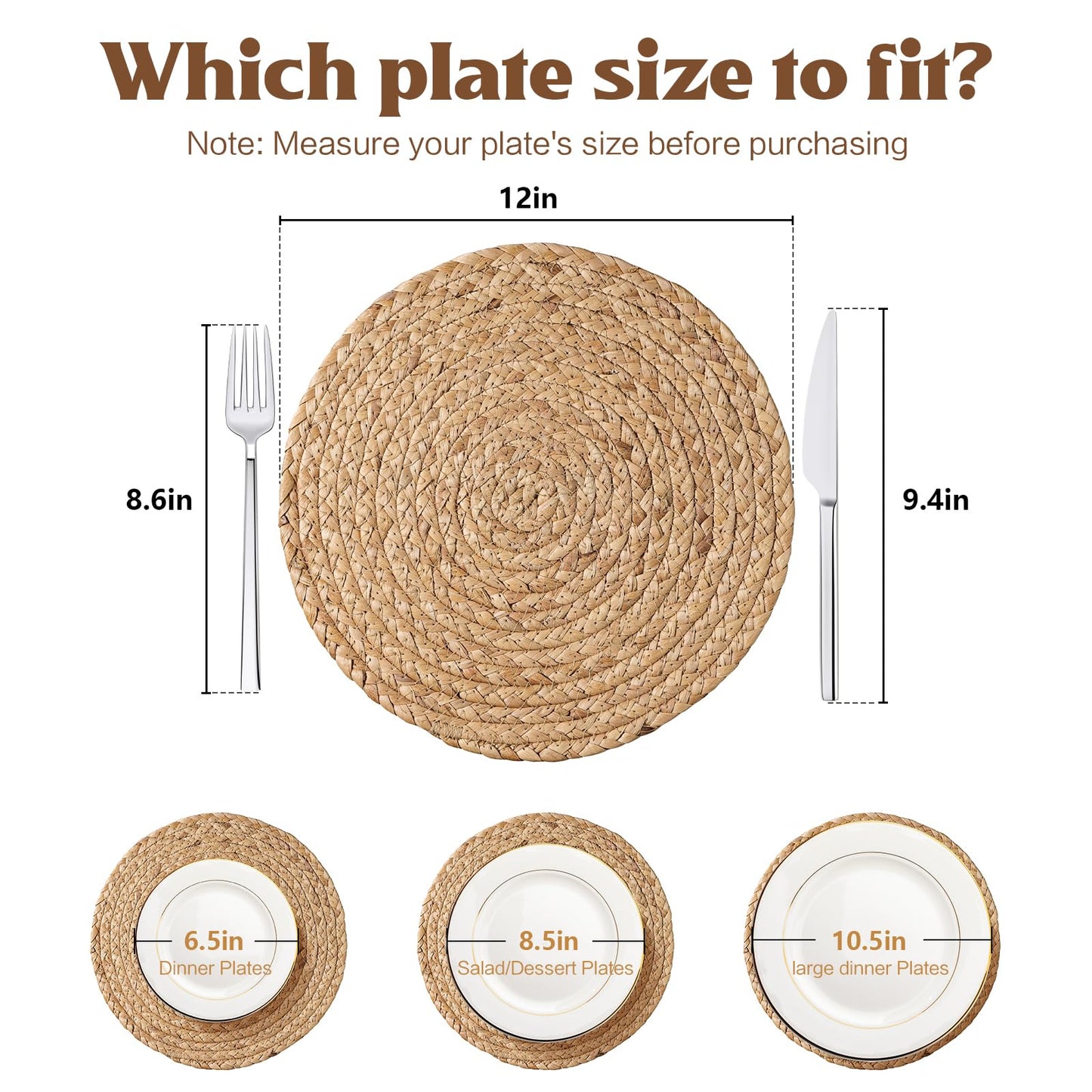 Aofmee 12 inch Round Woven Placemats Set of 6, Boho Rattan Place Mats, Natural Water Hyacinth Table Placemats, Farmhouse Weave Table Mats, Rustic Braided Wicker Charger Plates for Dining Table Decor