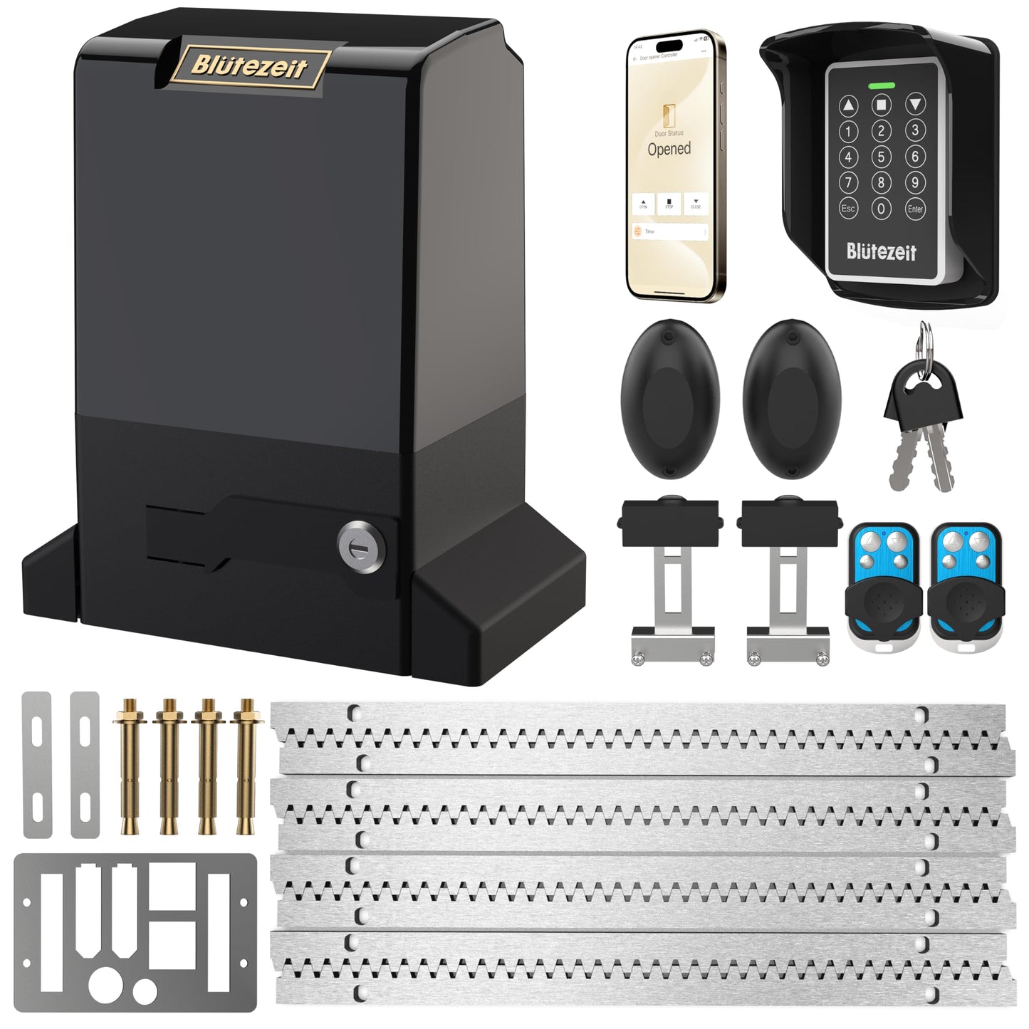 Blütezeit 6300lb 220V (~240V) Sliding Gate Opener with MWK30 Wireless Keypad – 2.05HP Heavy Duty Rack-Drive Motor with Remote Controls & IR Sensor for Driveway Gates up to 40ft