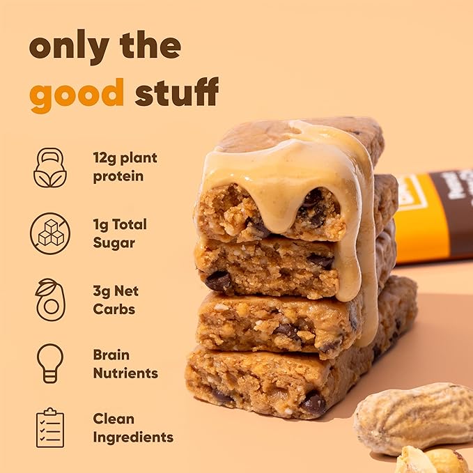 IQBAR Brain and Body Plant Protein Bars - Peanut Butter Chip - 24-Count Low Carb - Gluten Free, High Fiber, Vegan Snacks - Low Sugar Meal Replacement