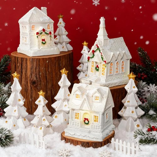 Bbiamsleep Christmas Mini Village Set - 9 Pcs White Resin Houses & Trees for Festive Home Decor