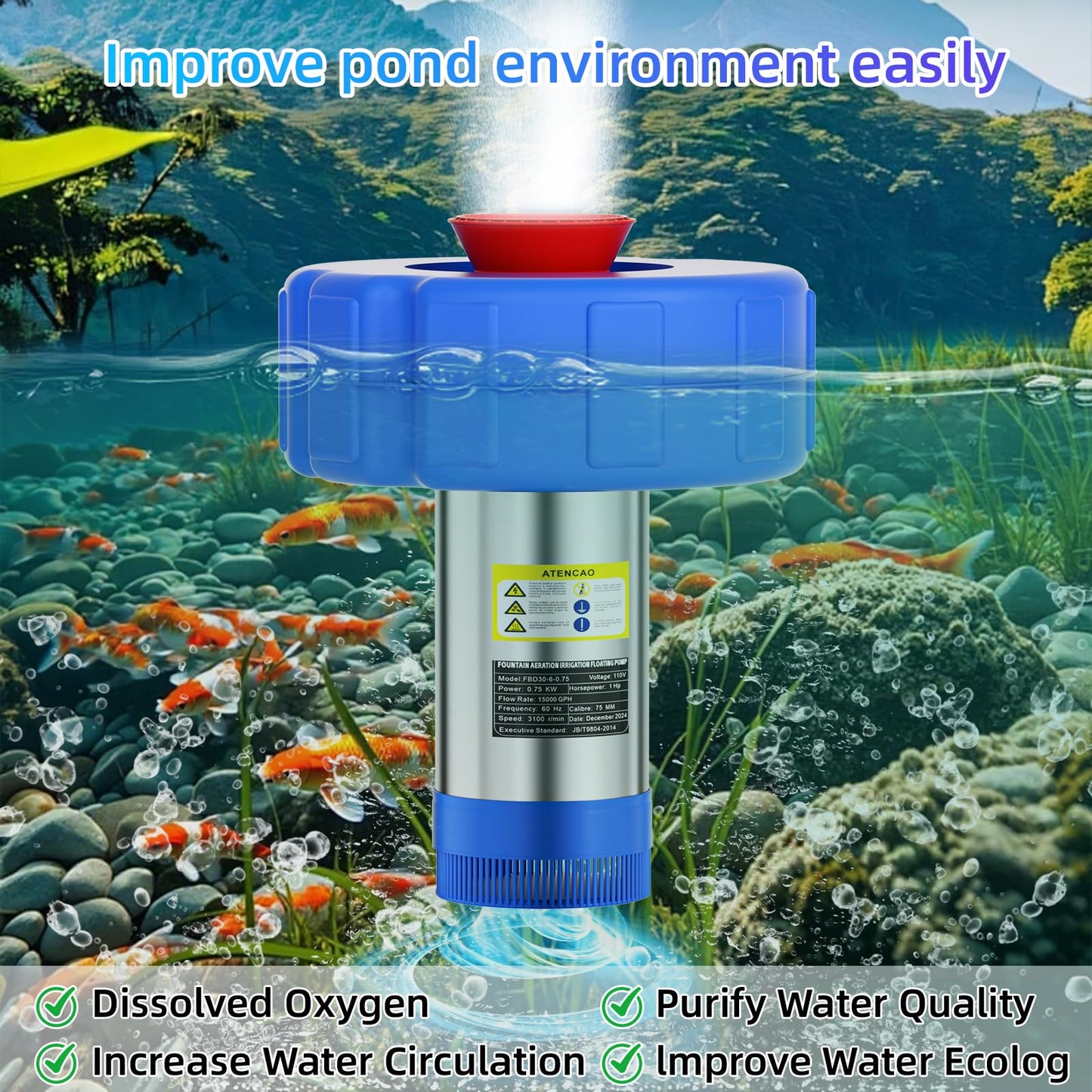 BOFEKTE 15000 GPH Pond Fountain Aerator - Fully Automatic 110V, 750W (1HP) Floating Pumps and Pond Aerator for Large and Small Outdoor Ponds and Lakes - Pountain aerator with 100Ft Power Cord (Silver)
