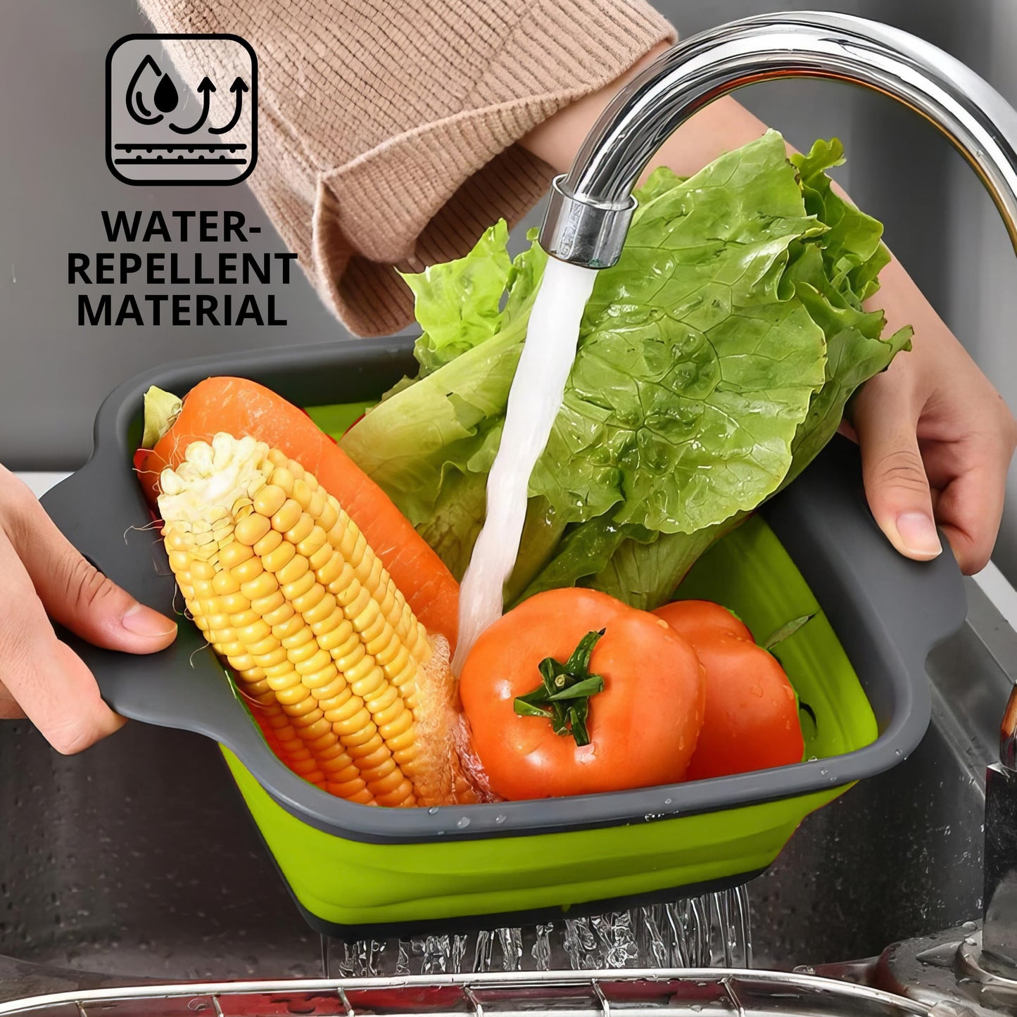 Square Collapsible Colander with Handles – Green Square Silicone Kitchen Strainers with Plastic Handles Foldable Kitchen Strainer Perfect for Draining Pasta Vegetable and Fruit Green