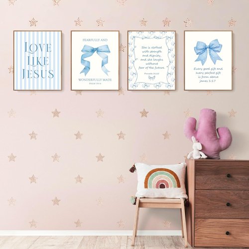 LARTSFRO Coquette Blue Bow Wall Art Decor - Inspirational Christian Posters for Teen Girls | 10x8 Inch Set of 4 Unframed