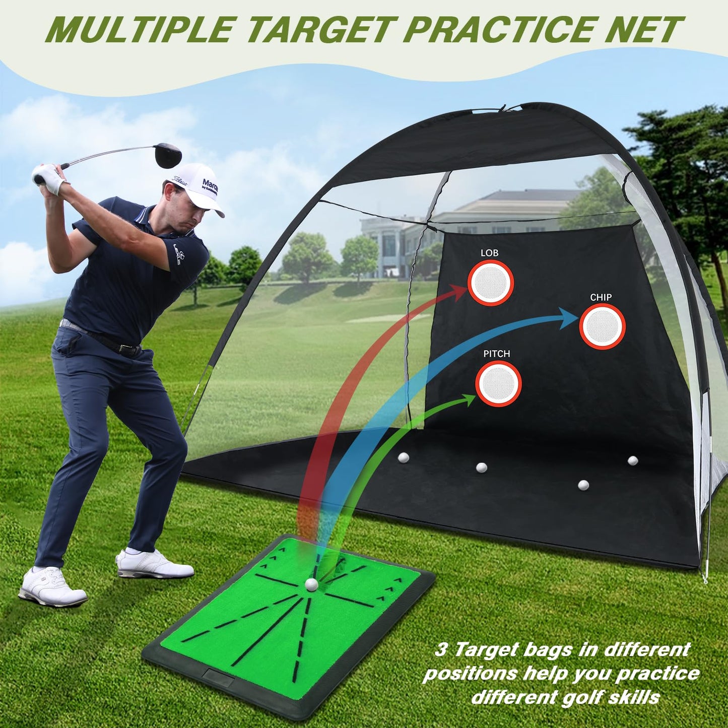 Golf Net, 10x7FT Golf Practice Net with Swing Mat, Golf Hitting Net for Backyard Driving, Indoor/Outdoor Training Chipping Aid Nets with Targets, Gifts for Men/Dad/Him