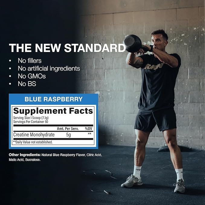 RAW Nutrition Creatine Monohydrate Powder, Blue Raspberry (30 Servings) - Micronized Creatine Monohydrate Supplement for Workout Performance, Build Muscle & Strength - Creatine Powder for Men & Women