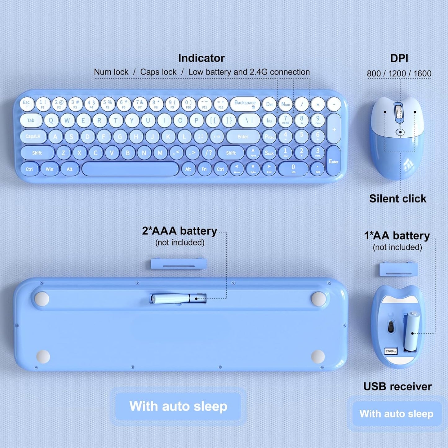 MOFII 2.4G Set, Wireless Keyboard and Mouse Combo, Full Size Retro Round Computer Keyboard and Mouse Plug and Play