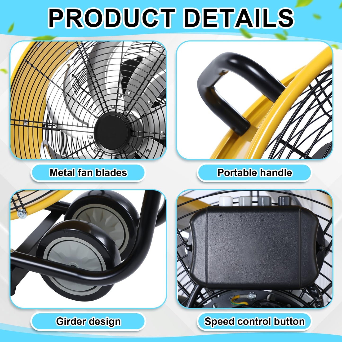 ZeahVeyora 20" High Velocity Industrial Drum Fan 7 Metal Blades Heavy Duty Metal Industrial Floor Fan 3 Speed with Handle and Roller, 360° Rotation for Warehouse Basement Factory Barn Garage(Yellow)