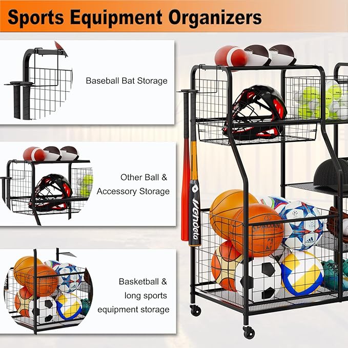 Garage Sports Equipment Organizer & Outdoor Toy Storage, Ball Storage Golf Organizer For Garage with Baskets, 5 Hooks