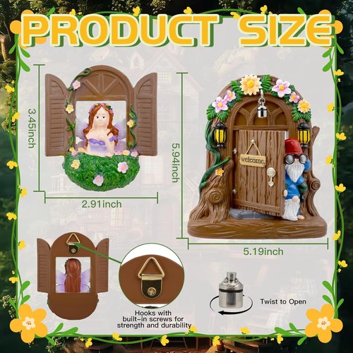 Exasinine Fairy Door and Windows Set - Gnome Statue Garden Sculpture for Outdoor Decor