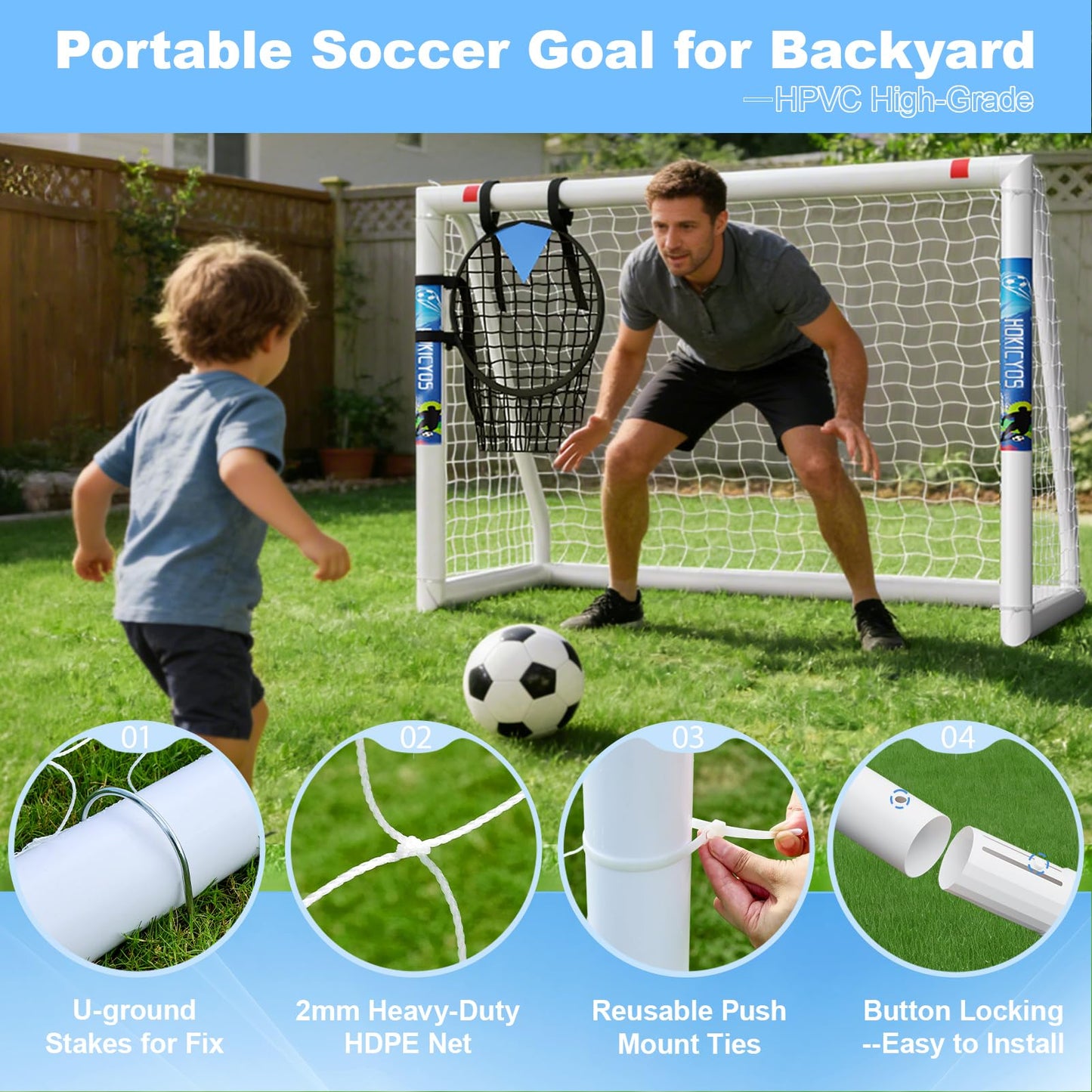 Hokicyos Soccer Goal for Backyard 8×6, 6×4 and 10×6.5 Soccer Goals with Soccer Target Net and Mark Cones, Weatherproof Soccer Goals with One Carry Bag and Net for Adults' Practice or Games