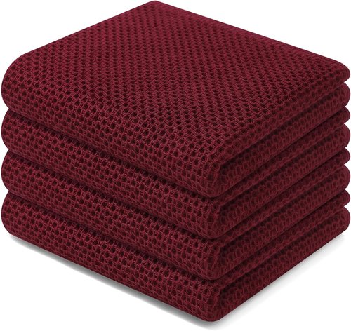 Homaxy Kitchen Dish Towels - Ultra Soft 100% Cotton Waffle Weave | Quick Drying, 13 x 28 Inches, 4-Pack, Burgundy