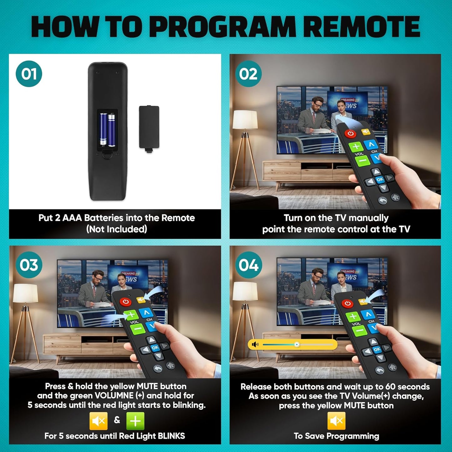 EZClicker (2xAAA Big Button Universal TV Remote (Black) Simple Easy to Use, Great for Seniors, Works with Major TV