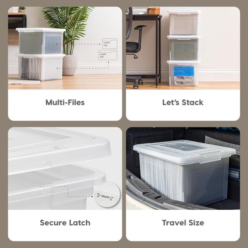 IRIS USA File Box - Durable Plastic Organizer with Lids for Letter/Legal Files | 35 Qt, Clear, 4-Pack