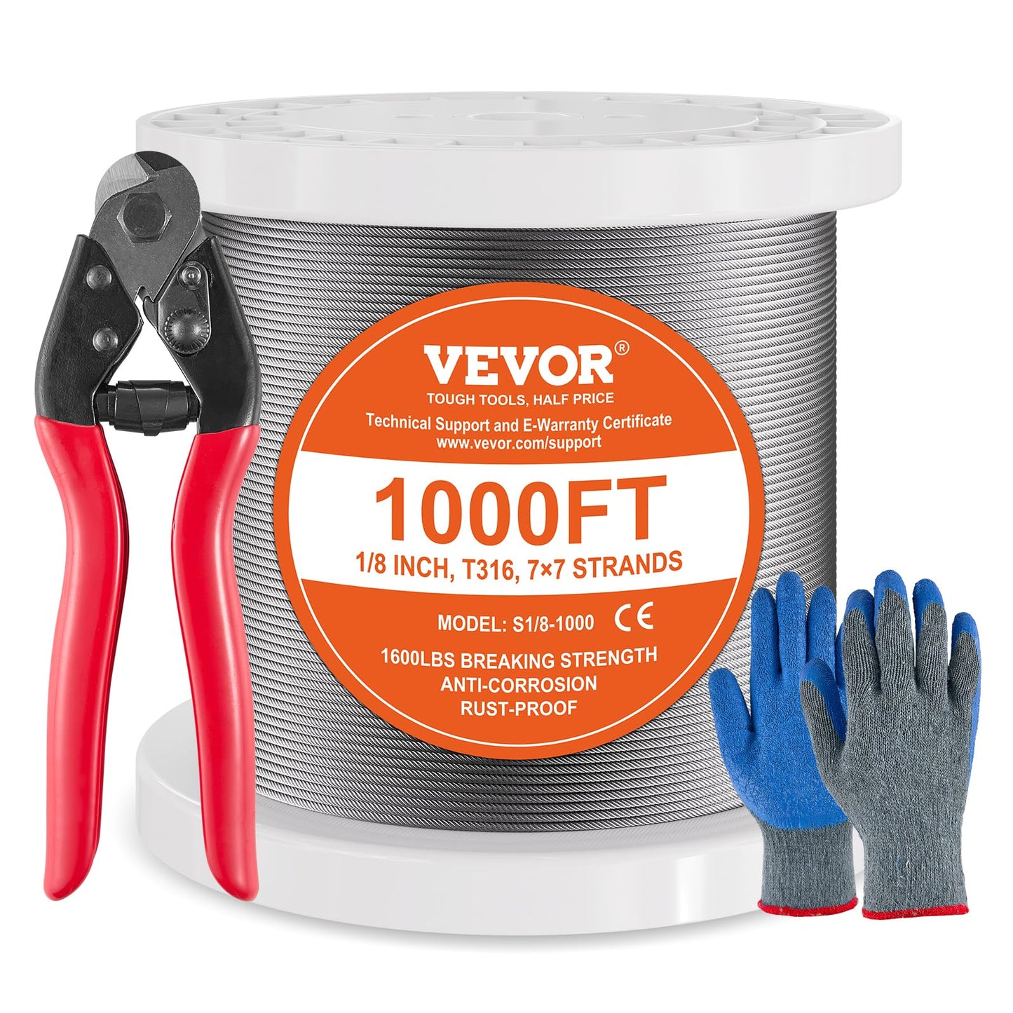 VEVOR 1/8 Stainless Steel Cable, 1000 FT 316 Cable Railing Kit with Cutter and Gloves, 1600 lbs Breaking Strength, 7x7 Strands Marine Aircraft Cable for Handrail Stair Decking Fence Outdoors