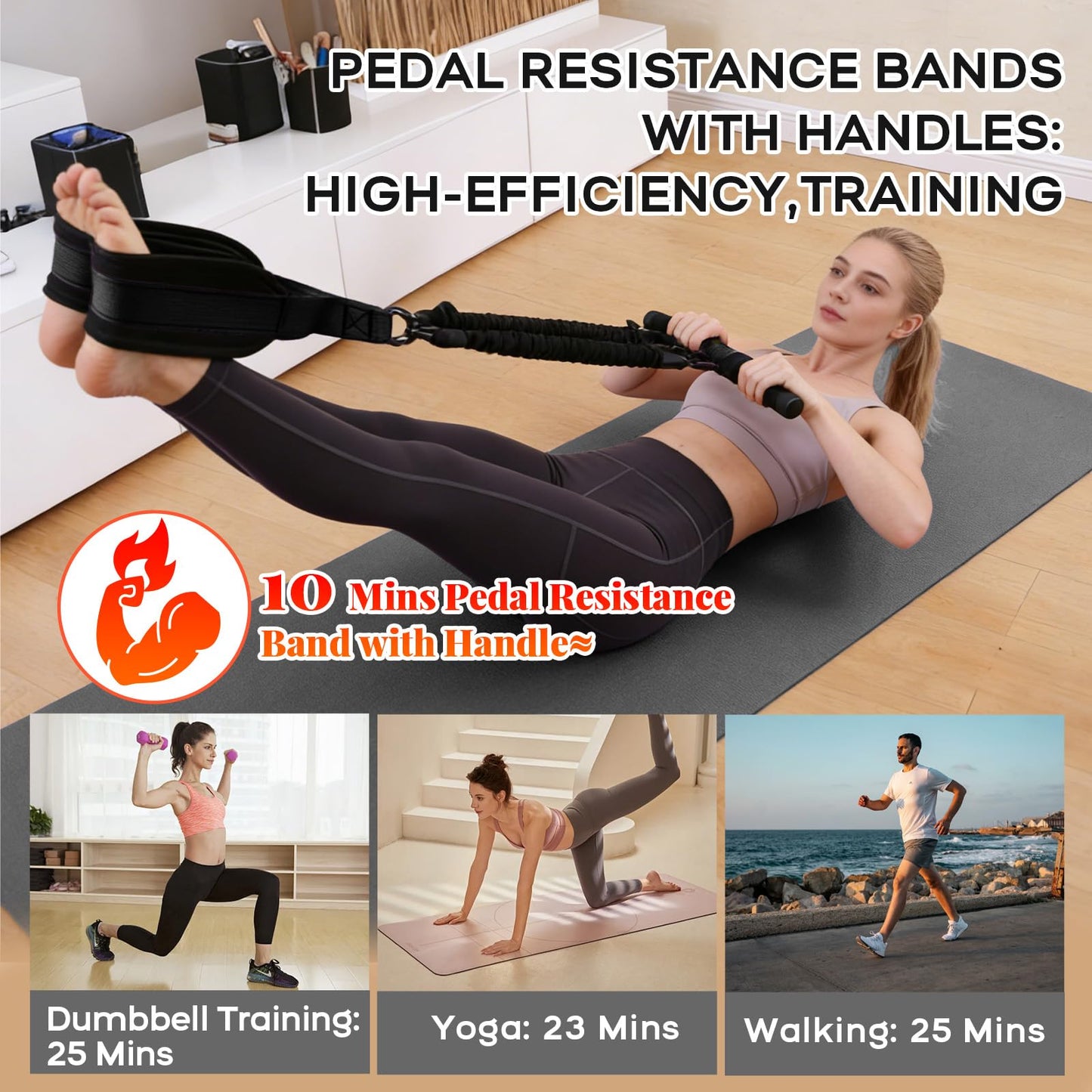 Multifunction Pedal Resistance Band with Handle, 3 Tube Adjustable 30/40/50LB Foot Pedal Puller Resistance Bands with Poster, Extended Length Tension Rope for Men Women Full Body Workout Home Gym