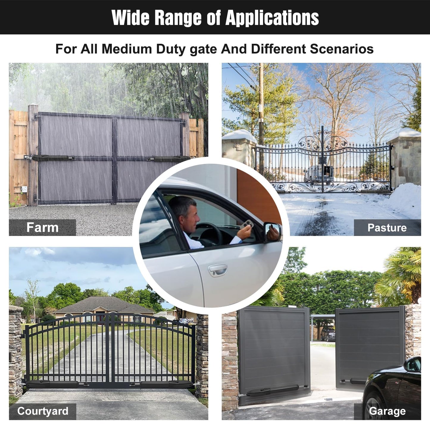 JUJIANG C01 Automatic Gate Opener with Remote Complete Kit for Single Swing Gate Up to 440lb 16FT, Electric Gate Opener Medium Duty Single Swing Gate Opener Automatic Gate Motor 40W AC Powered