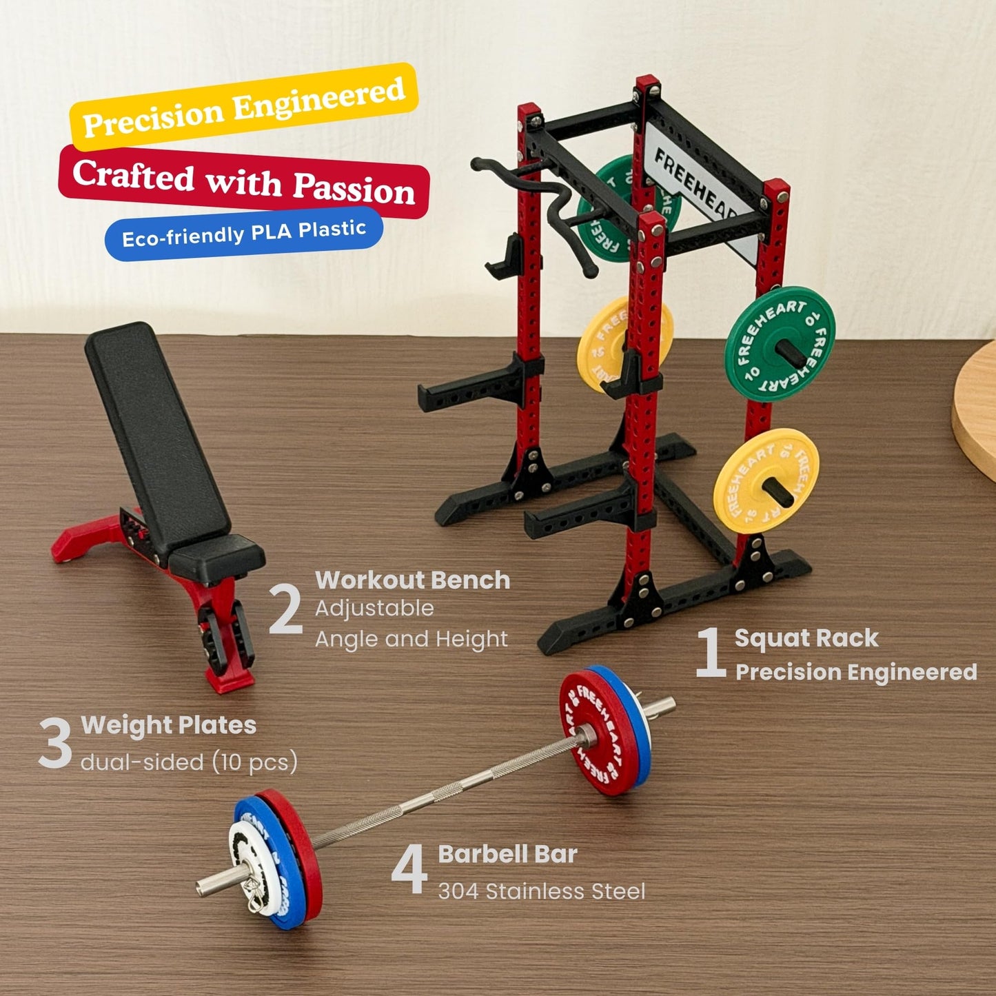 GWAIX 1/12 Scale Squat Rack Decor, Mini Barbell, Weight Plates & Workout Bench, DIY Model Kit, Home Gym Decor, Gym Gifts for Men (Red&Black)