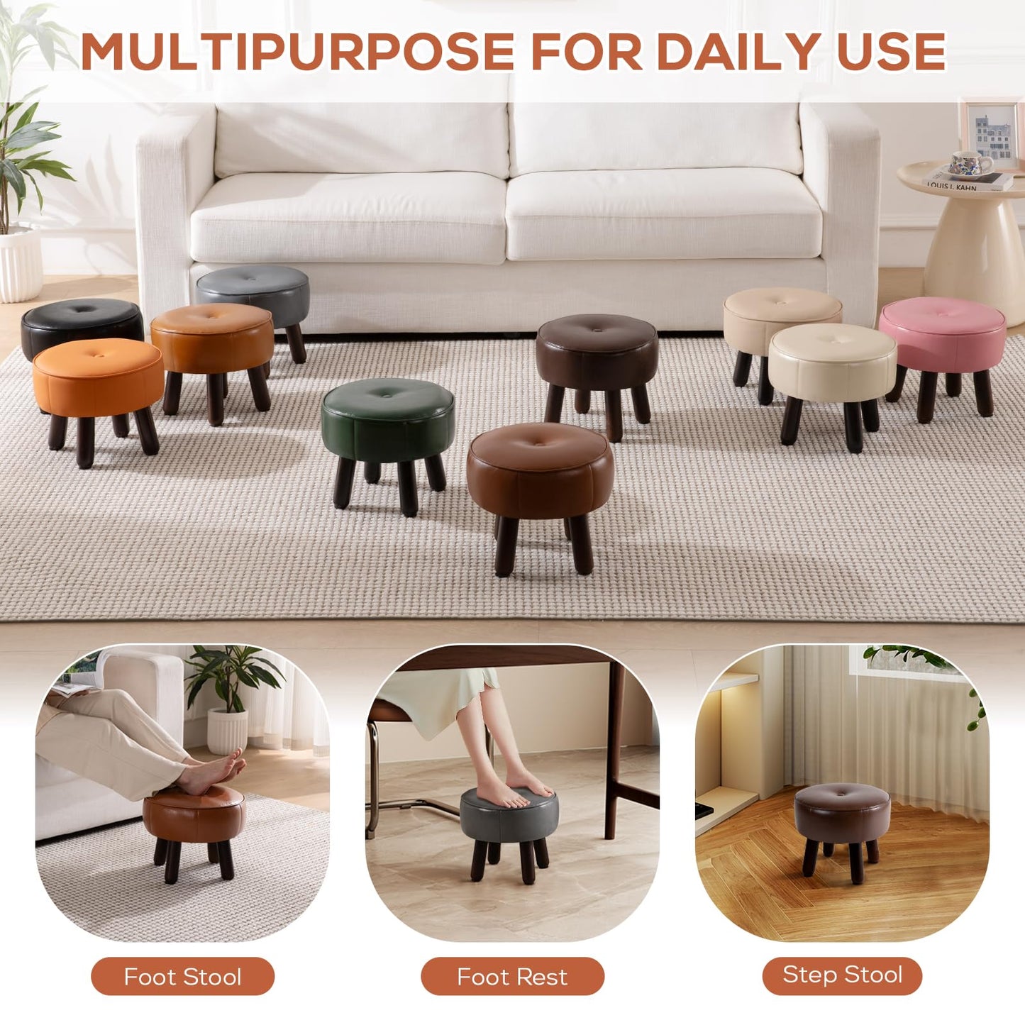 oakvivo Small Foot Stool, Round Faux Leather Pouf Ottoman Foot Rest, Footstool Ottomans with Rubber Legs Under Desk, 13''L x 13''W x 10.2''H, Footrest for Couch, Living Room, Bedroom, Hallway, Brown