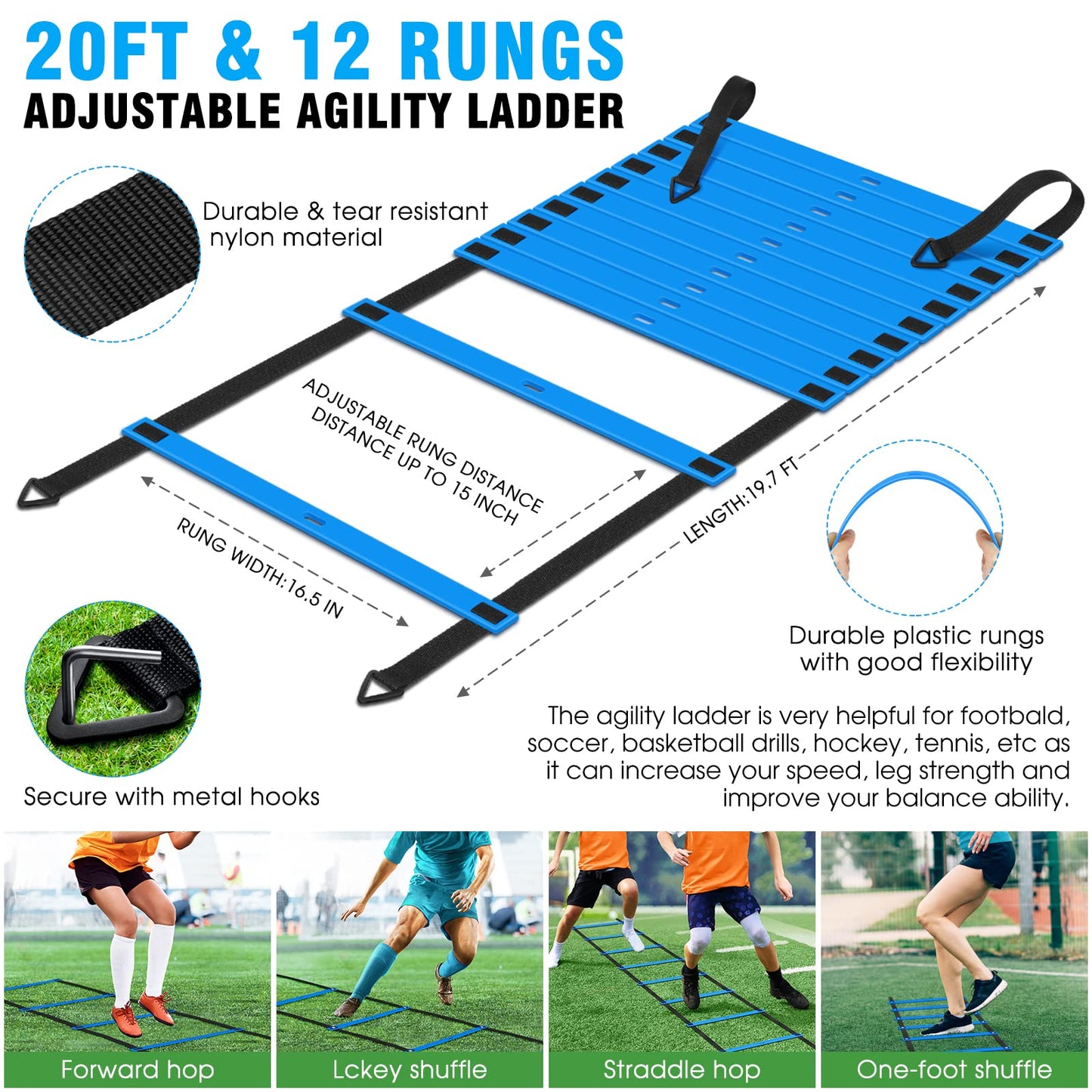 X-UMEUS Agility Ladder Speed Training Equipment Set-20ft Agility Ladder,12 Soccer Cones,4 Hurdles, Jump Rope, Running Parachute| Basketball Football Soccer Training Equipment for Kids Youth Adults