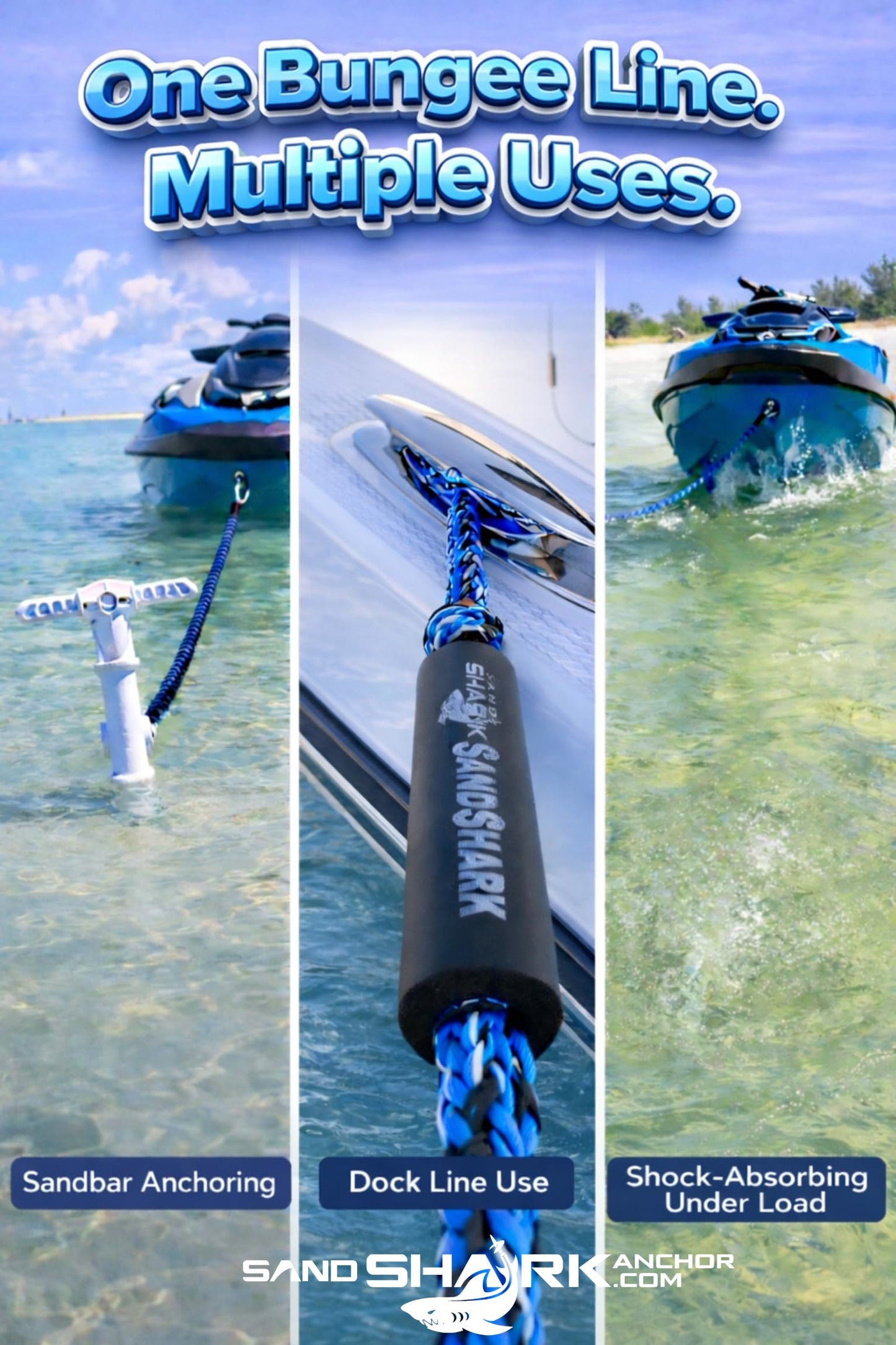 SandShark Premium Anchor Bungee Dock Line. Boat Accessories Anchor Line Absorbs Shock to Anchors and Docks w/Stainless Steel Clip - Blue - 7-14ft