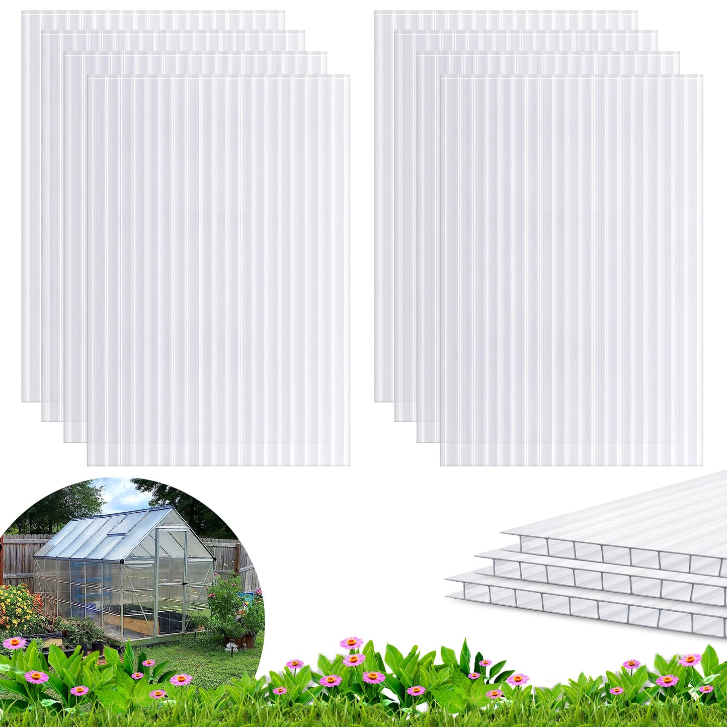 Quibbay 8PCS Polycarbonate Greenhouse Panels, 6' x 4' x 0.16'' Twin-Wall Panels Polycarbonate Sheet, Clear Waterproof UV Protected Corrugated Plastic Roof Panels for Greenhouse Replacement
