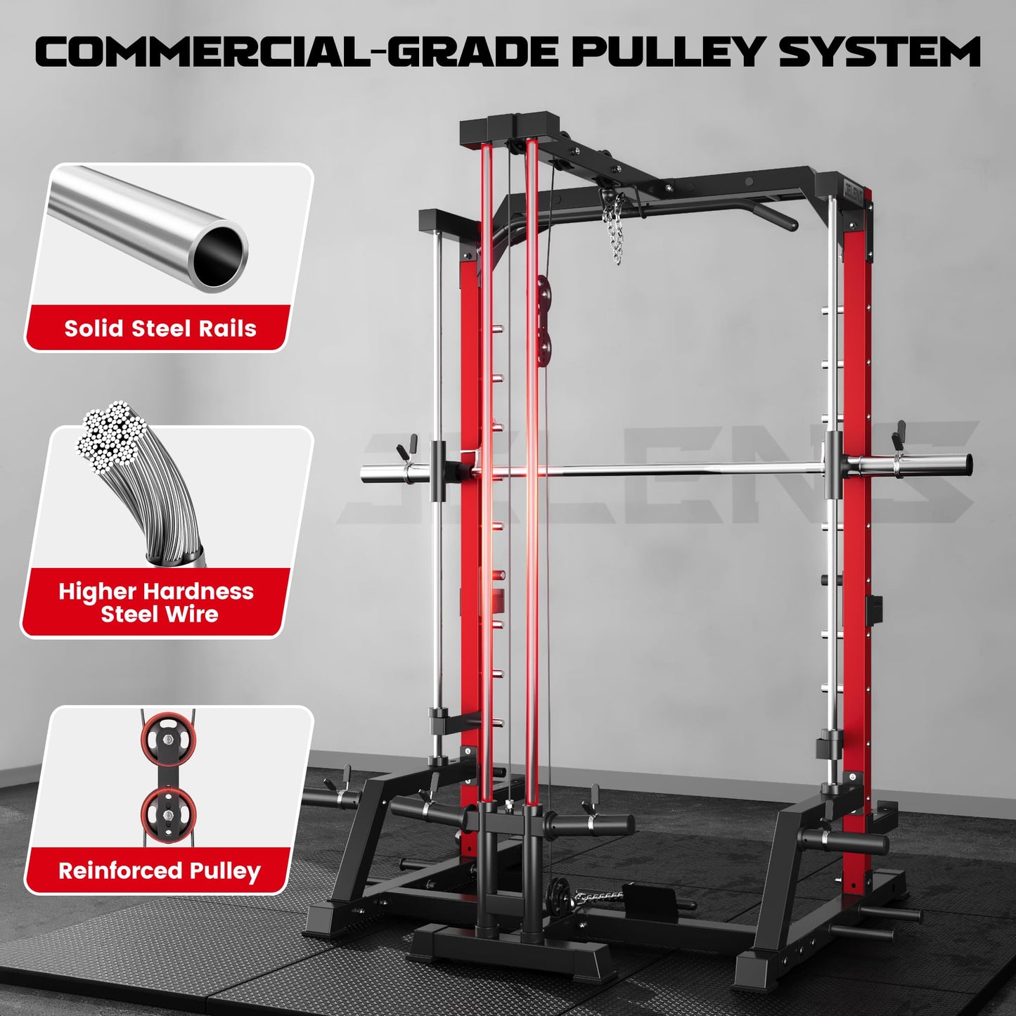 JELENS SR01 Smith Machine, 2000LBS Multi-Function Power Cage with LAT Pulldown System, All-in-One Home Gym Squat Rack with Smith Bar and Training Attachments (Red, SR01 Smith Machine)