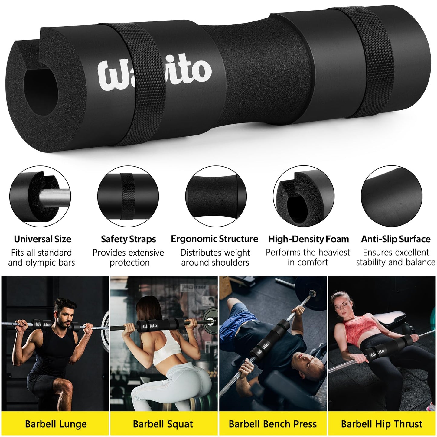 WALITO 8Pcs Barbell Pad Set for Hip Thrust - Squat Pad,Gym Accessories for Women with Bar Bad,Bench Press, with Gym Ankle Straps,Resistance Bands for Working Out,Lifting Strap,Carry Bag (Black)