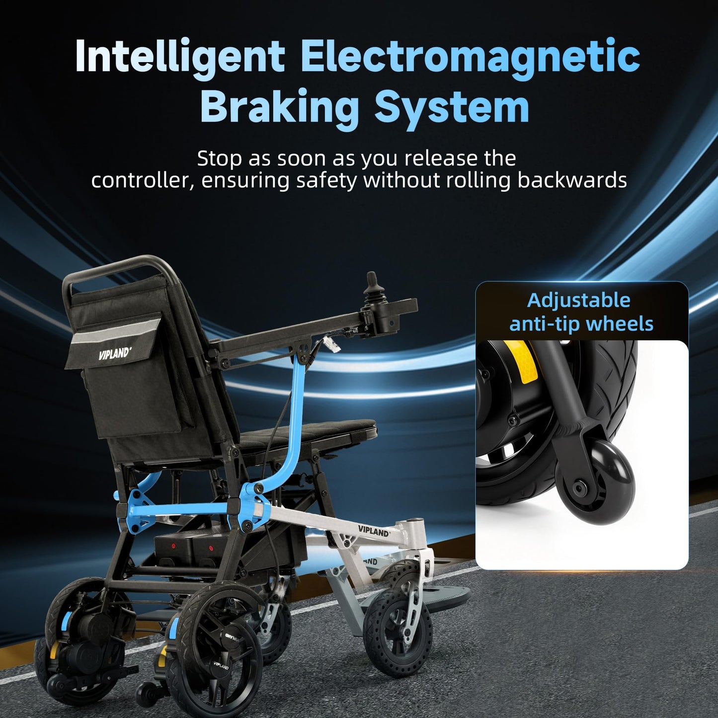 VIPLAND Lightweight Magnesium Alloy Electric Wheelchair for Adults, 29lb Compact Foldable Power Wheelchair Oven-Sized, 25Miles Long Travel Range, 300lbs Capacity, Airline Approved, All Terrain, Blue
