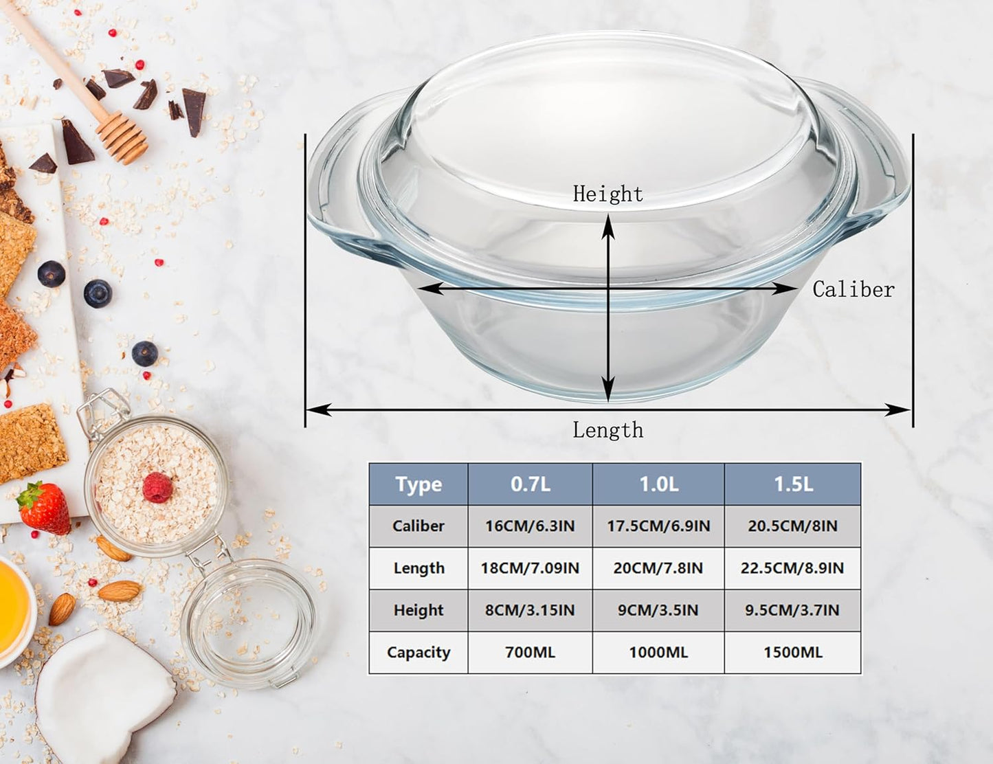Skiennix Casserole Baking Dish - 2-Piece Mini Round Set with Handle & Lid | 3/4 Quart, Tempered Glass, Oven Safe