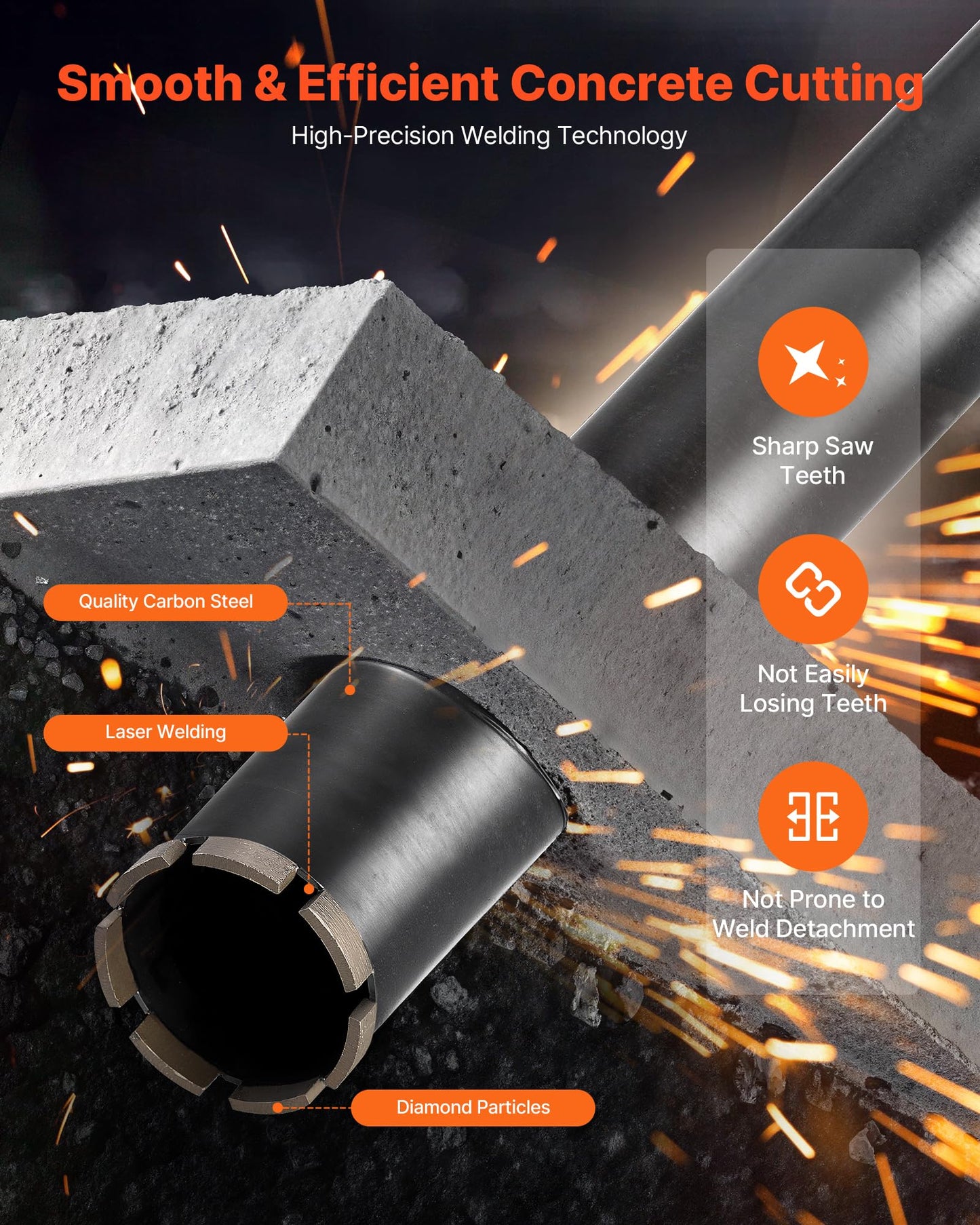 VEVOR Core Drill Bit, 6 Pieces, 1/2/3/4/5/6 inch Diameter, 14 inch Drilling Depth, 1-1/4 in-7 Internal Thread, High-Precision Welding, Wet Diamond Core Bit for Reinforced Concrete, Bricks, and Masonry