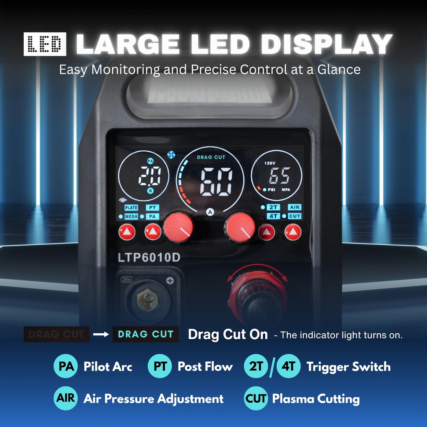 LOTOS Apex LTP6010D 60A Plasma Cutter, Drag-Cut Ready & Up to 20% Faster, 5/8" Clean (3/4" Sever), Non-Touch Pilot Arc, New-Design Torch, Dual-Voltage 110/220V, LED Panel, Front Regulator