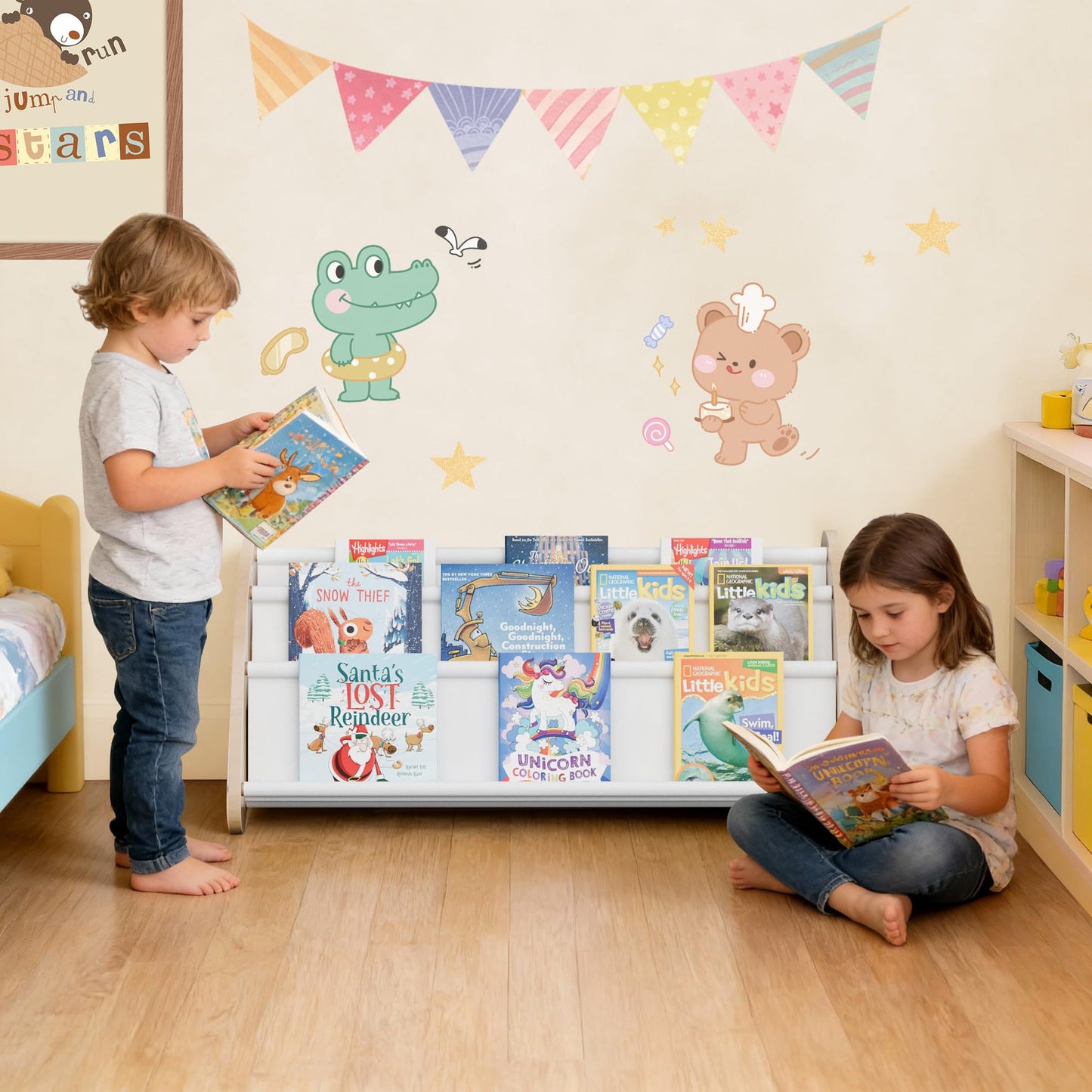 yoopin Kids Bookshelf, 4-Tier Montessori Book Shelf for Kids Rooms, Easy Installation, Eco-Friendly Wooden Storage Organizer,28.7” x 15.7” x 13.6” Natural/White