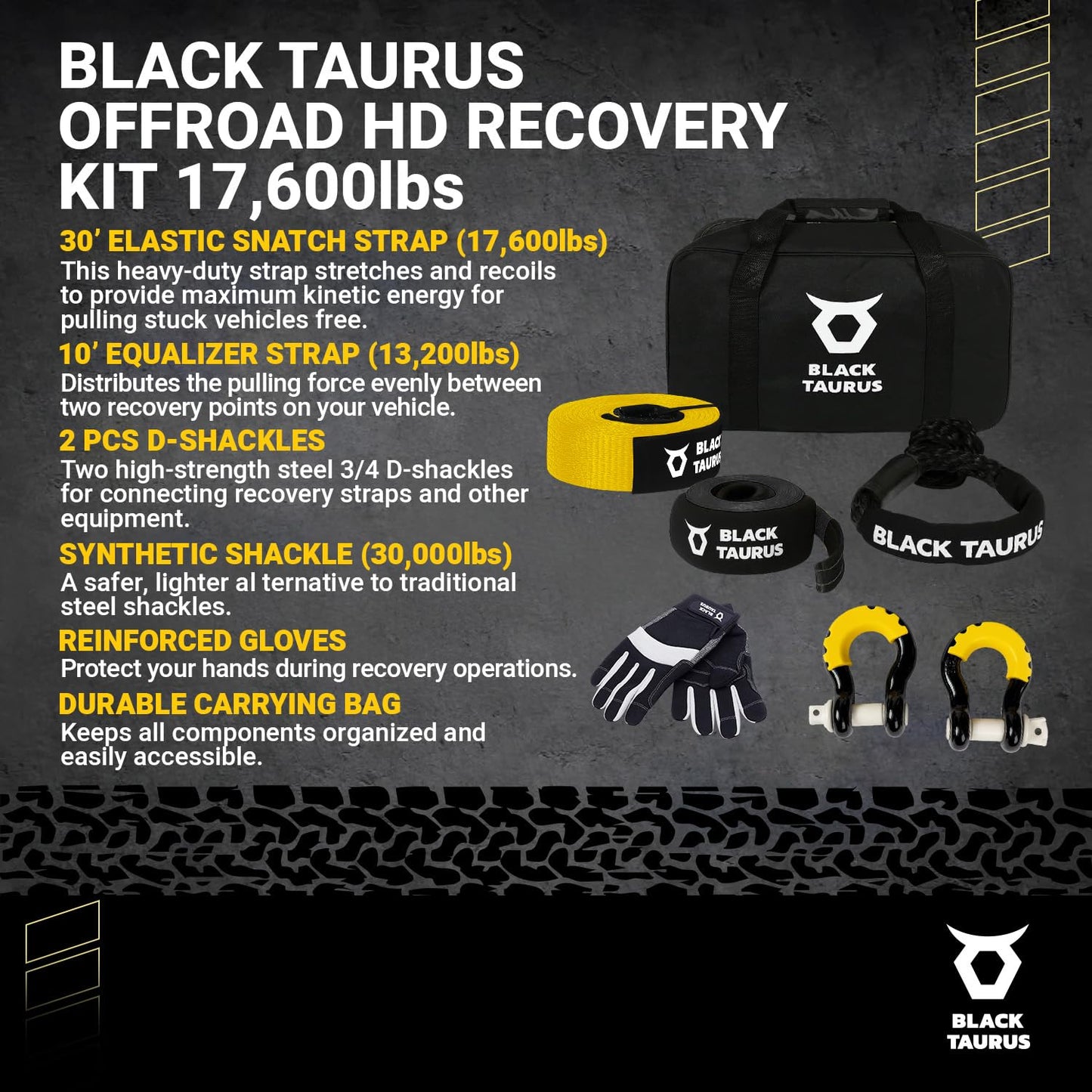 Black Taurus Complete Off-Road Recovery Kit – 2-3/8" 30' HD Snatch Strap 17,600lbs, 10' Equalizer Strap 13,200lbs, Steel D-Shackles, 30,000lbs HMPE Soft Shackle, Gloves & Storage Bag Recovery Gear