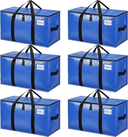 BAGAIL Heavy Duty Moving Bags - Extra Large Storage Totes with Strong Handles | Blue, 6 Pack