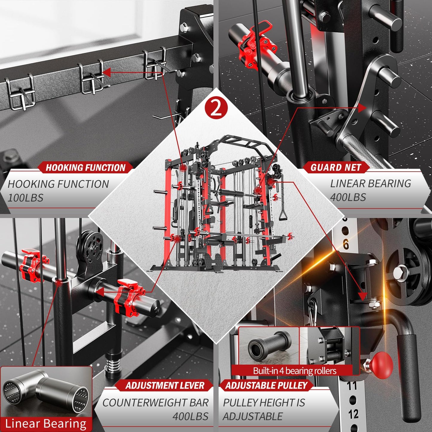 Smith Machine with Cable Crossover System, Multi-Function Squat Rack Power Cage for Home Gym, Power Rack and Packages Weight Sets (Red, L07-Smith Machine+Bench+(Pole+Cast lron) 341LBS)