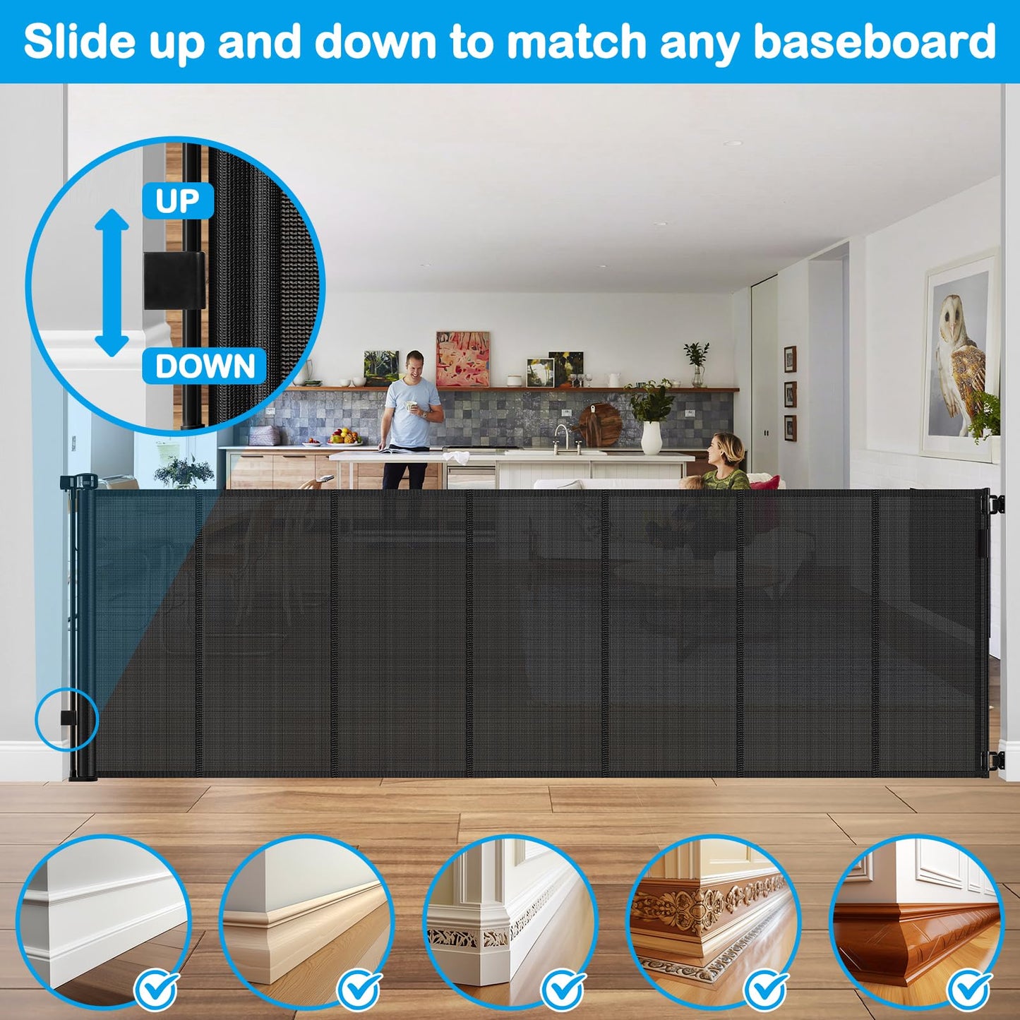 Reinforced 42" Extra Tall Retractable Dog Gate, 200" Extra Wide Baby Gate with Support Rods-Prevent Crawling Through, Outdoor/Indoor Baby Fence/Barrier/Blocker for Home, 16ft Retractable Garage Gate