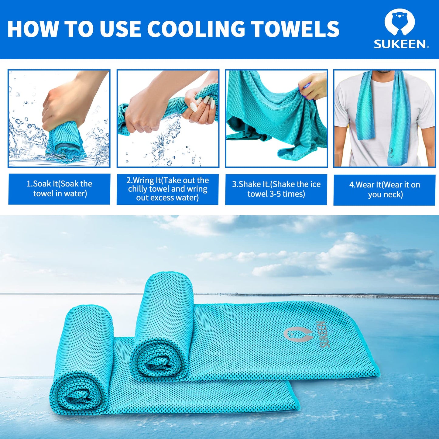 Sukeen Cooling Towels(40"x12") for Neck & Head, Soft Breathable Chilly Towel for Yoga, Golf, Gym, Camping, Running, Workout & More Activities