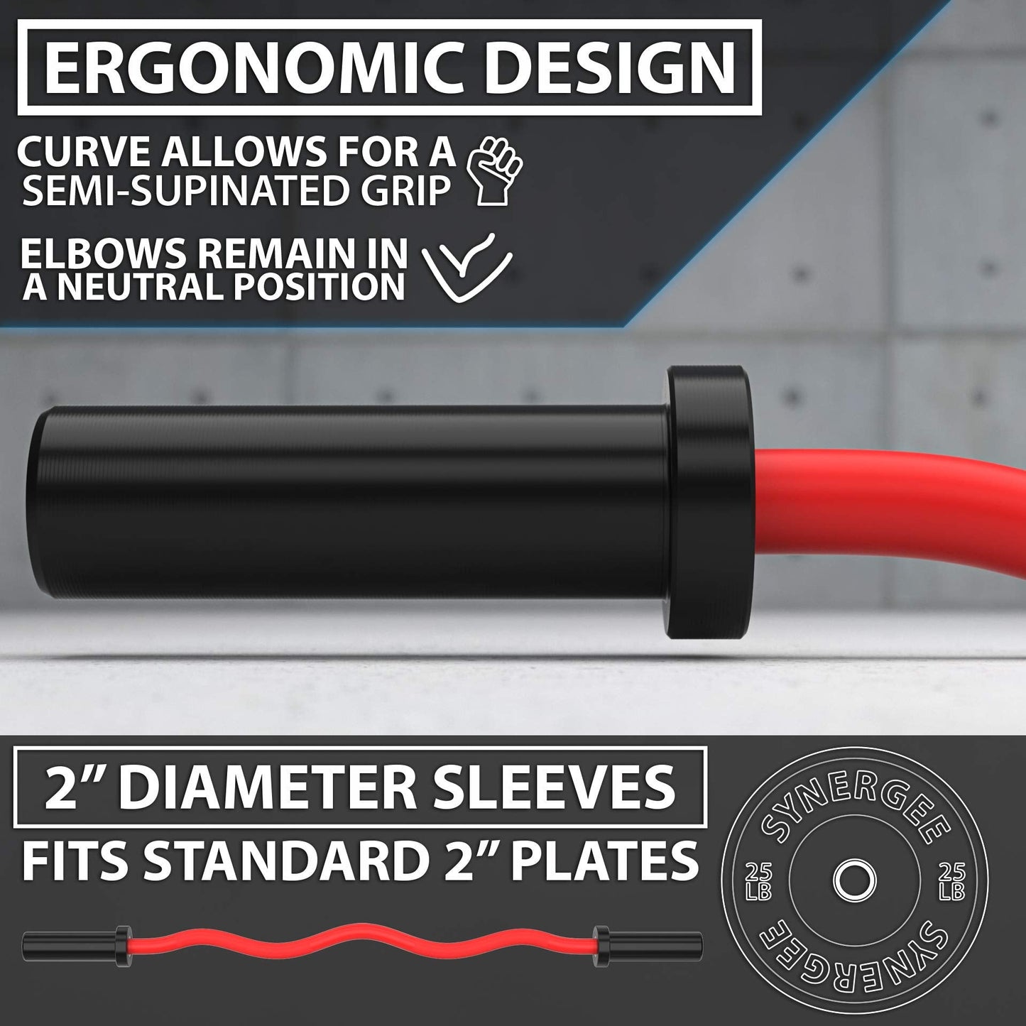 Synergee Commercial EZ Curl Olympic Bar Red Cerakote with Powder Coated Black Bushings Excellent for Bicep Curls and Triceps Extensions