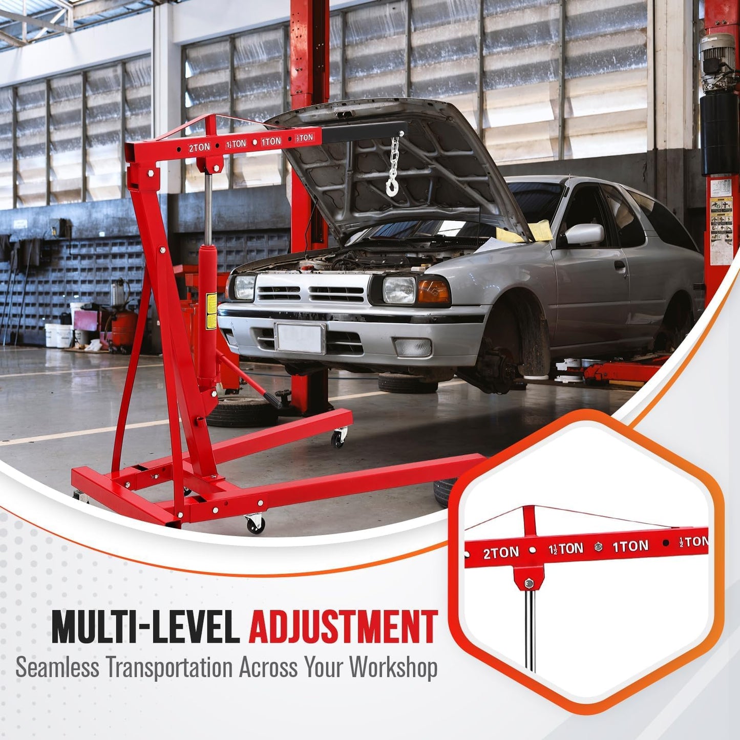 Hydraulic Engine Hoist, 2-Ton Folding Portable Shop Crane Lift, 4400 Lbs Capacity with Telescopic Boom and 6 Casters, Foldable Mobile Cherry Picker for Garage Workshop Warehouse, Red, Heavy-Duty