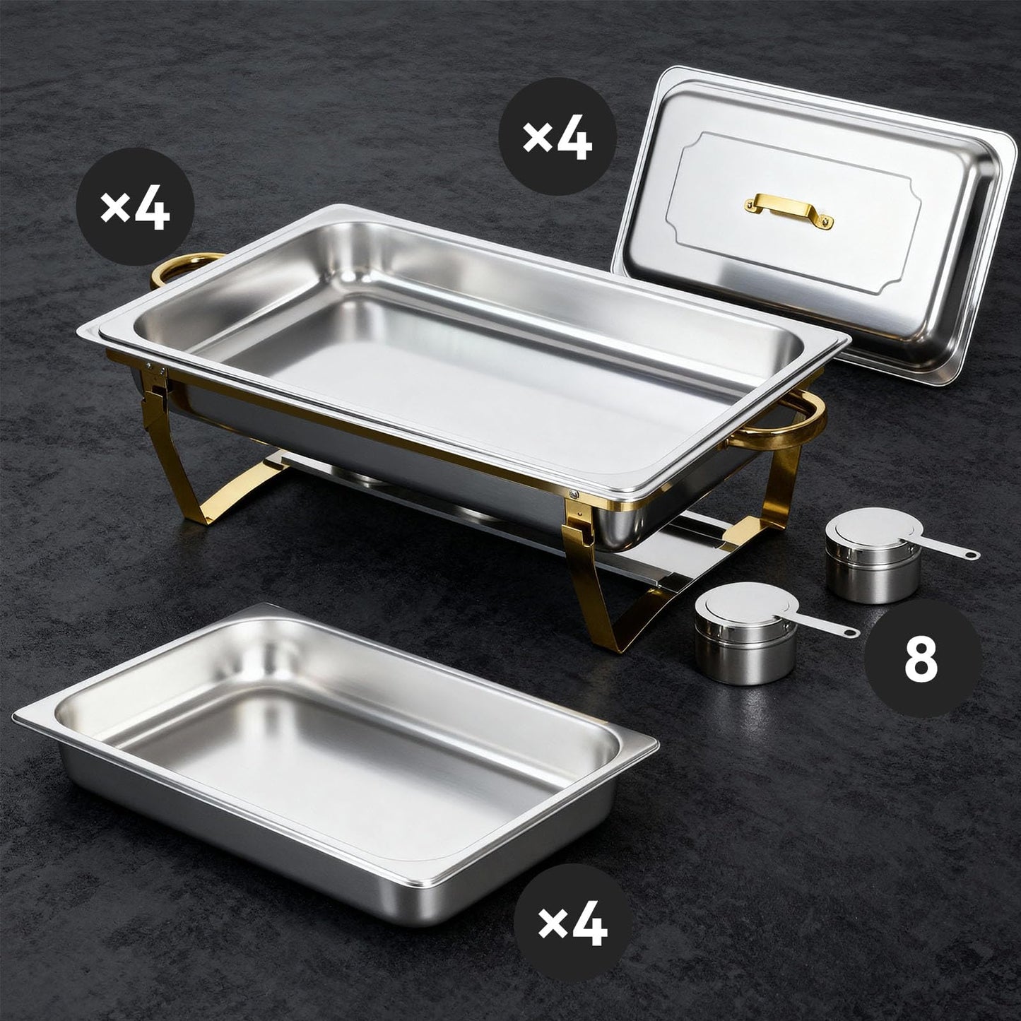 9Qt Chafing Dishes for Buffet, Gold Stainless Steel Chafing Dish Sets, Food Warmers for Parties, Buffet Servers and Warmers, Warming Trays for Buffets Party, Catering Supplies Buffet Display, 4 Pack