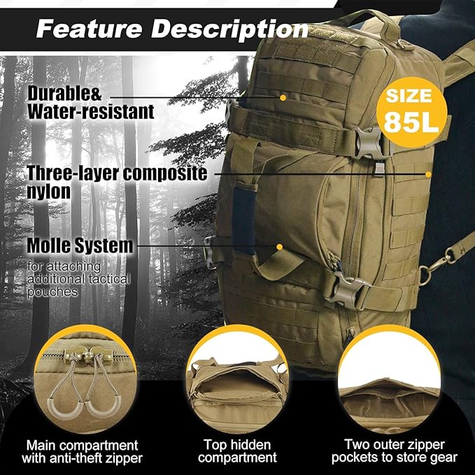 3 In 1 Tactical 85L Military Backpack Travel Duffle Bag for Weekender Gym Workout Deployment