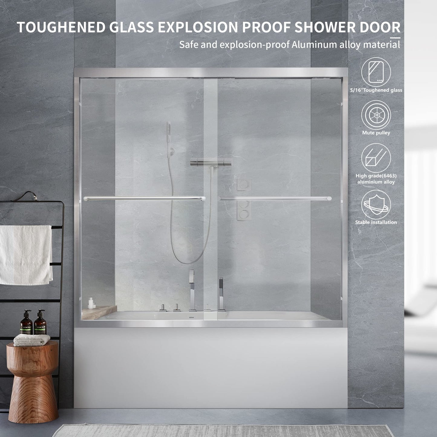 Bathtub Shower Door, 56"-60" W×58" H Framed Double Sliding Glass Shower Door for Bathroom, 1/4"(6mm) Thick Clear Tempered Glass Door with Handles, Chrome Finsh