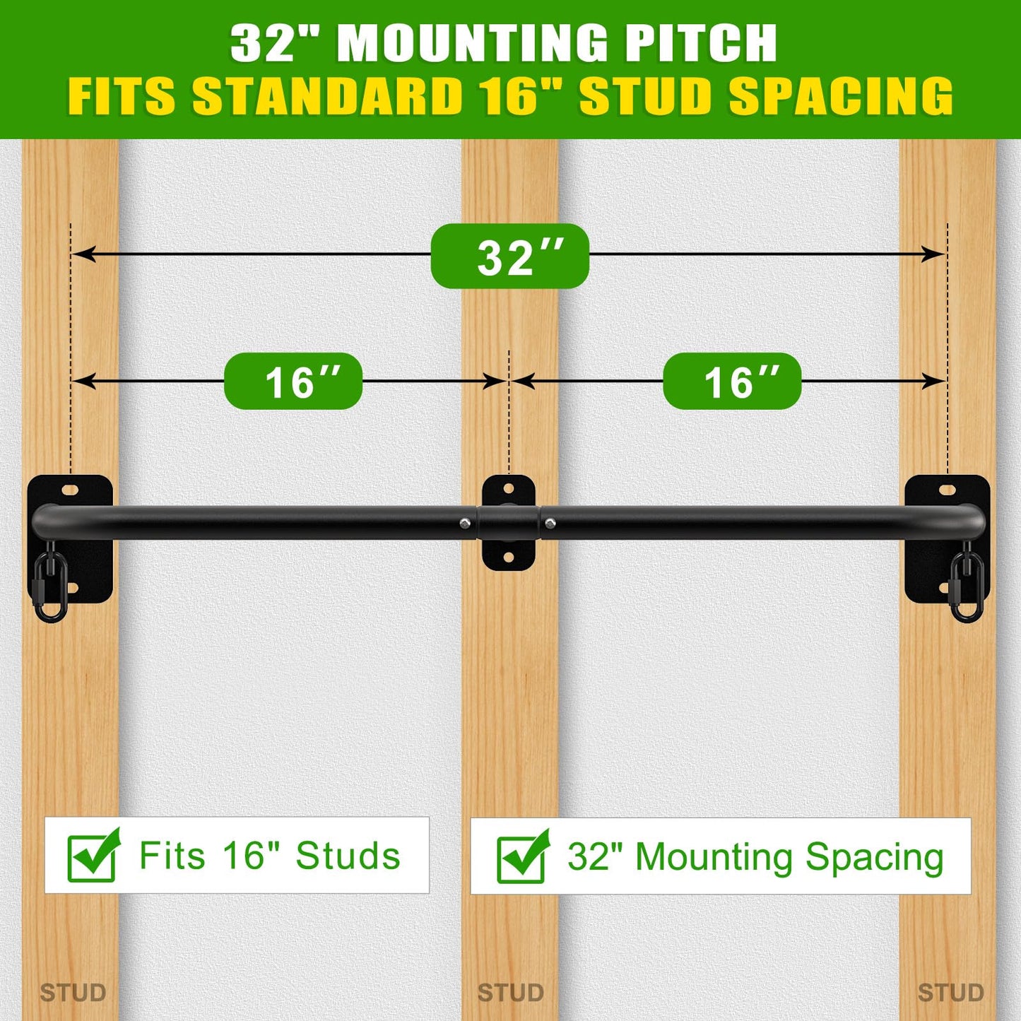 SELEWARE Heavy Duty Wall Mount Pull Up Bar, 450LB Capacity Joist Mount Chin Up Bar for Doorway, Sturdy Steel Construction, w/Resistance Band Hooks, Fits 32" Wall Studs for Home Gym Strength Training