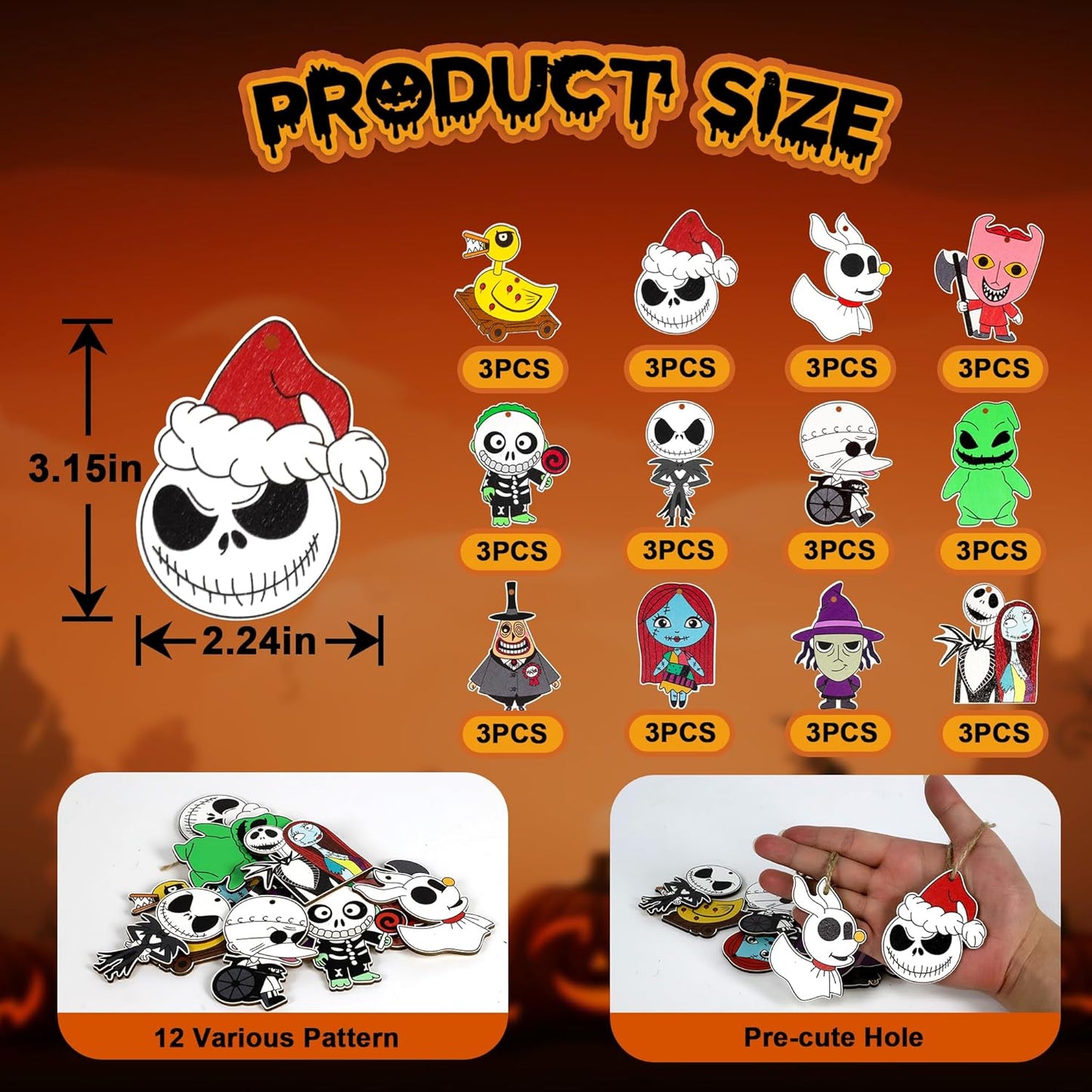 Skiennix 36 PCS Halloween & Christmas Nightmare Ornaments - Wooden Hanging Decor for Home & Parties