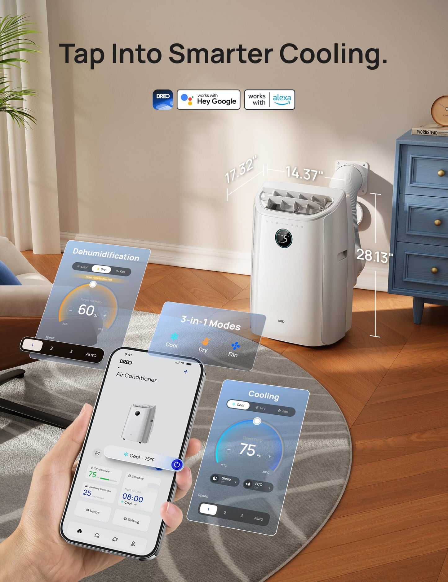 DREO Portable Air Conditioner 516S, 14000 BTU ASHRAE (10000 BTU DOE) Smart AC Unit for Bedroom with Drainage-free Cooling, Fan&Dehumidifier 3 in 1, APP/Voice/Remote, Quiet Standing AC for Room Indoors