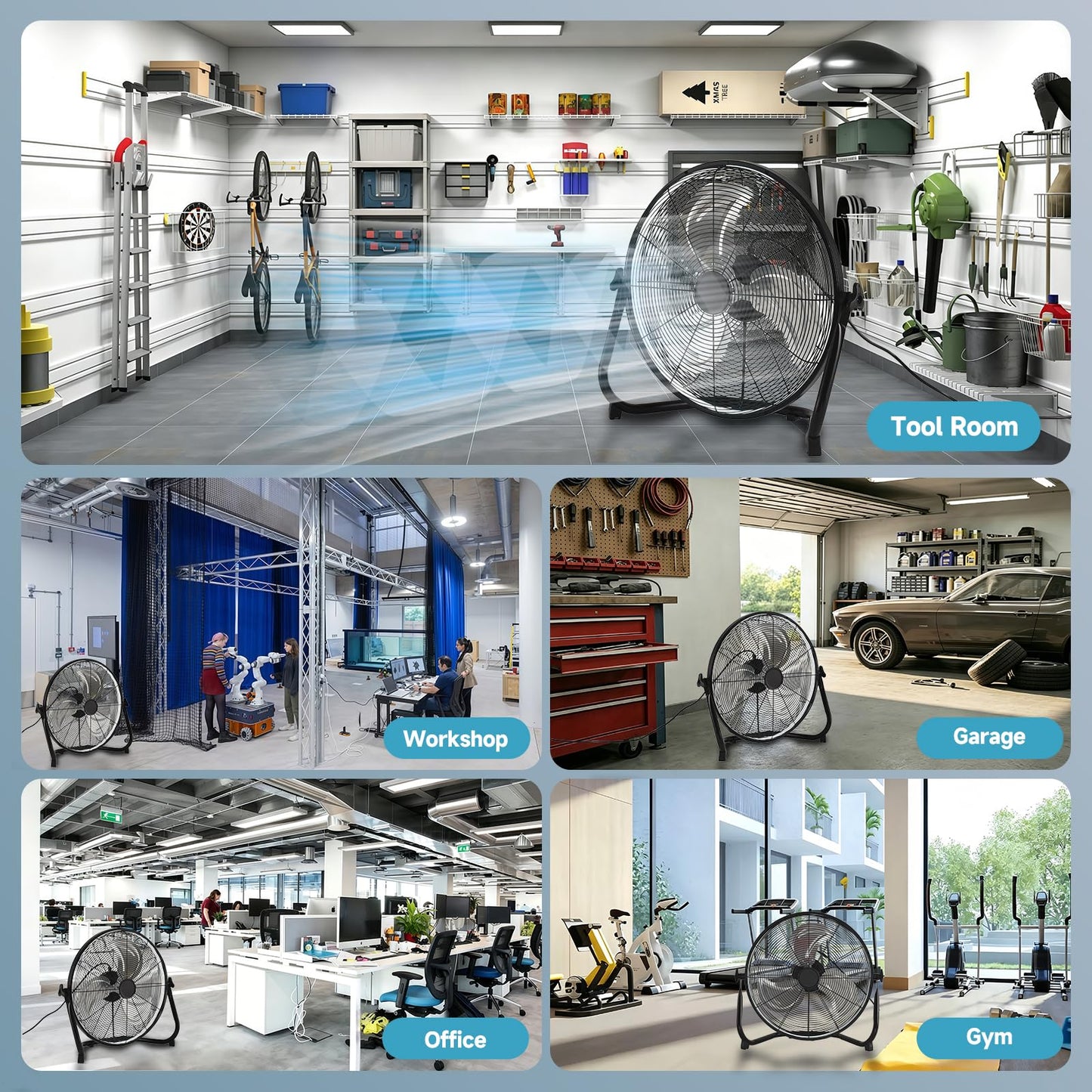 AHAWILL 20" High Velocity Metal 6-Speed Floor Fan,Plug-in 3CCT Industrial Fan with Light & Back Panel Buttons,360° Tilt & Reversible,Wall Mountable,Anti-Vibration for Garage,Warehouse,Shop,Gym