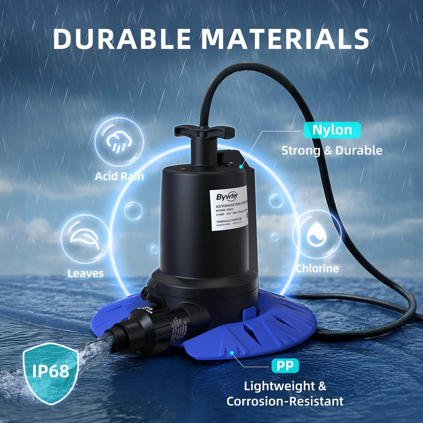 Bywter Pool Cover Pump, 1/4HP Automatic Swimming Pool Cover Pump, 1800 GPH Submersible Sump Pump with Check Valve Adapter for 3/4" & 1-1/4" Hoses and 25ft Power Cord, Water Removal for Pool Cover